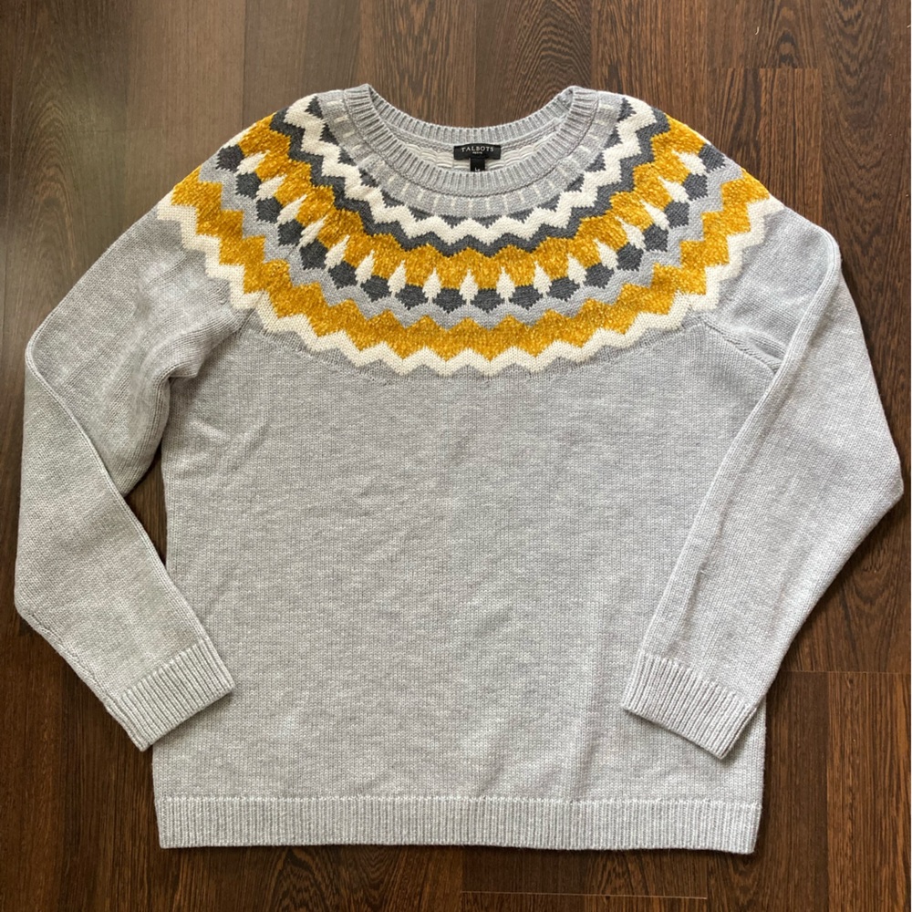 Talbots Gray Sweater with Yellow Velvet and White Nordic Oslo Preppy Pattern
